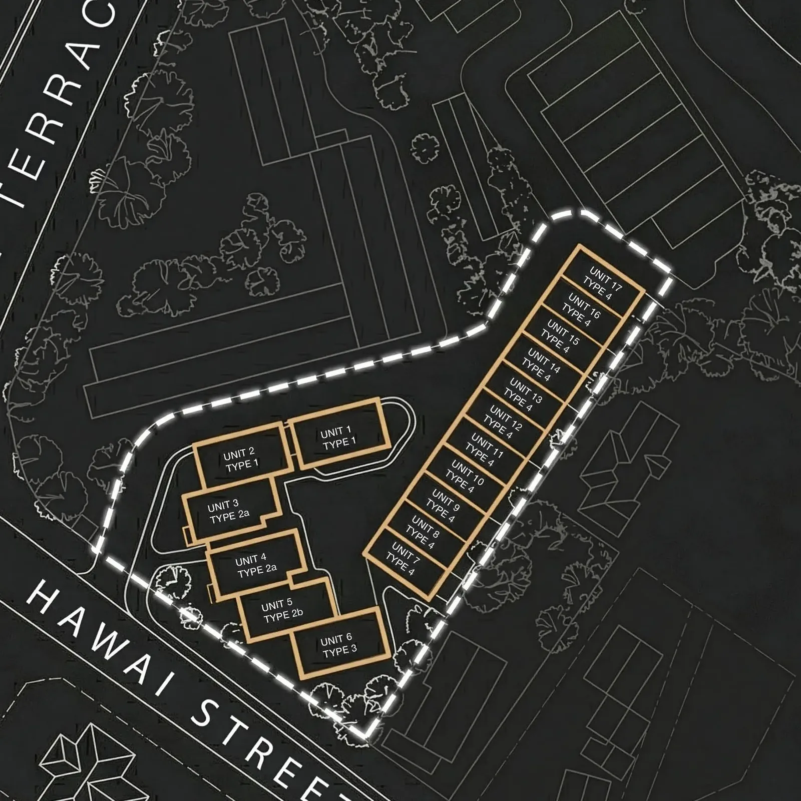 Site plan of Two Mile Terraces showing units 1 to 17 between Lake Terrace and Hawai Street